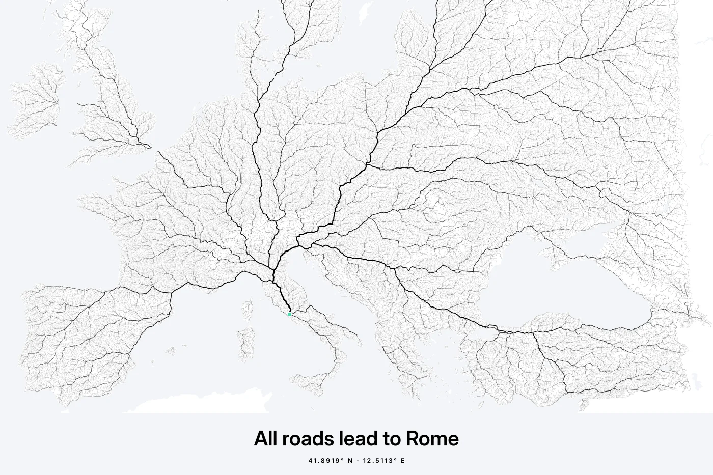 Poster: all roads lead to Rome, every road in Europe drawn as one tree